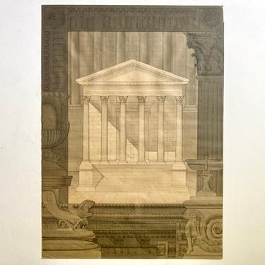 Lovely Original Antique Beaux Art Architecture Drawing, Grisaille Monochromatic 