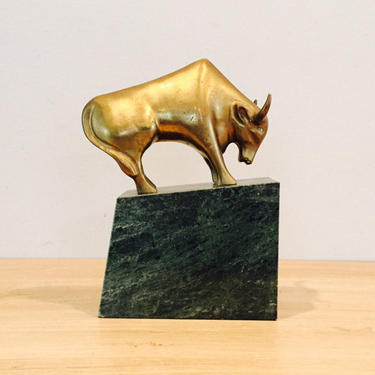 Vintage Mid Century Modern Brass Bull on Dark Green Stone Pedestal 