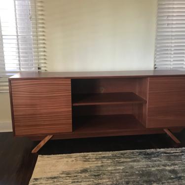NEW Hand Built Mid Century Style TV Stand. Mahogany 2 door and center shelf with angled leg base. Buffet / Credenza by draftwooddesign