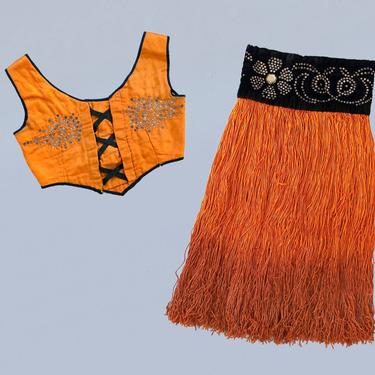 RARE! 1920s Showgirl Costume / 20s - 30s Burlesque Corset Top and Ombre Fringe Skirt / Rhinestone Designs! 
