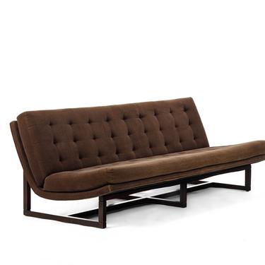 Milo Baughman Three Seat Scoop Sofa / Couch in Original Mocha Brown on Walnut Frame 