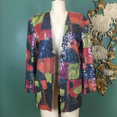 vintage blazer, sequin jacket, size large, statement, 1980s blazer, holiday, cocktail jacket, geometric print, sandy starkman, beaded blazer 