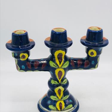 Vintage Talavera Taper Candle 3 Holders Handcrafted - Folk art Blue and Yellow 6.5&amp;quot; tall 