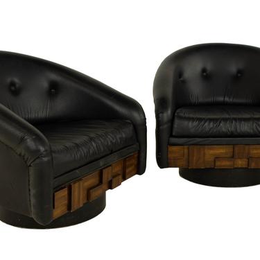 Lane Staccato Brutalist Mid Century Walnut Barrel Swivel Lounge Chairs - Pair - mcm 