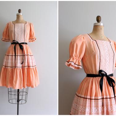 vintage apricot patio dress - summer picnic dress / pastel peach dress - 60s rockabilly dress / Sweet Kawaii - full swing skirt dress 