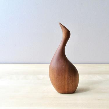 shore bird mid century style teak wood - signed wooden carving 