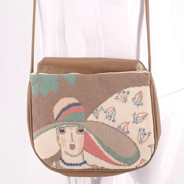 80s MOON BAG Patricia Smith needlepoint purse / vintage 1980s Deco lady face print shoulder bag 