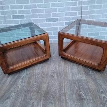 Mid-Century Pair of G Plan Style Walnut Cube Open Side Glass-Top Castered Side-Tables
