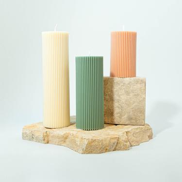 Striped Candles / Pillar Candle Set / Tall Ribbed Dinner Candles/ Spring Denmark Pastel Candles/ Ivory Peach Blush Hunter Sage Green Wedding 