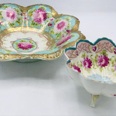 Antique Nippon Hand Painted 10&amp;quot; Scalloped Gold Encrusted Beaded Bowl and 5 1/2&amp;quot; Footed Bowl with  Rose Floral- Great Condition- late 1800's 