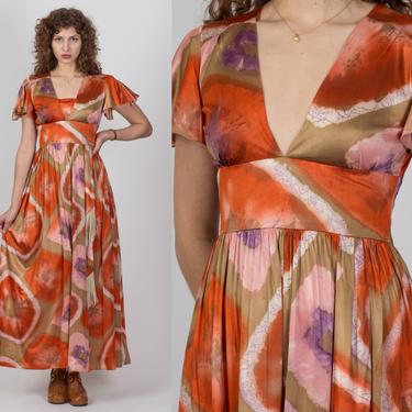 70s Shibori Flutter Sleeve Maxi Dress, As Is - Small | Vintage Boho Orange Empire Waist Party Gown 