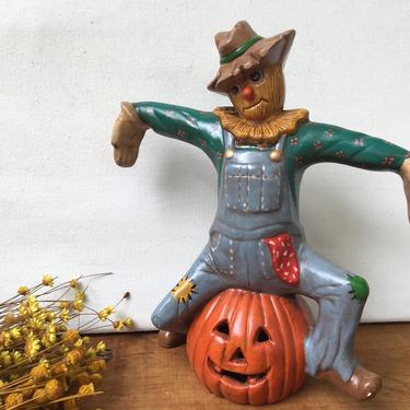 Vintage Ceramic Scarecrow Seated On Jack O Lantern, Halloween Pumpkin Scarecrow, Hand Painted, Signed By Artist 