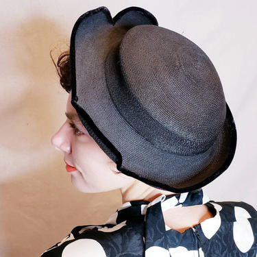 1940s Black Straw and Velvet Hat by Agnes / 40s Wide Brimmed Black Hat Carson Pirie Scott 