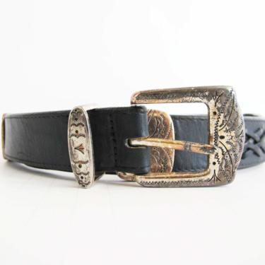 Vintage 90s Black Silver Leather Belt 28-32 waist - Concho Western Style Belt - Engraved Belt - 90s Black Belt 