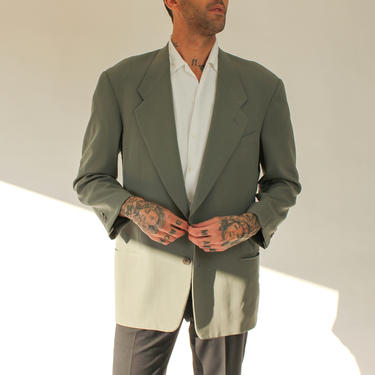 Vintage 80s Giorgio Armani Sage Green Wool Gabardine Drop Shoulder Two Button Blazer | Made in Italy | 1980s Armani Designer Boxy Fit Jacket 