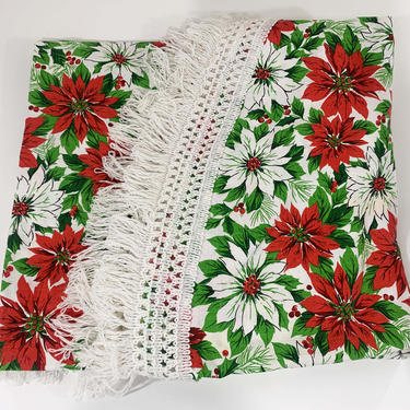 Vintage Floral Poinsettia Tablecloth Flower Holiday Mid-Century Round Christmas Table Cloth Dining Kitchen Handmade White Red Fringe Circle 
