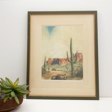 Framed Print of Southwestern Desert Scene | Signed by Al Mettel Superstition Mountain Stage from Phoenix to Florence | Vintage Wall Art 