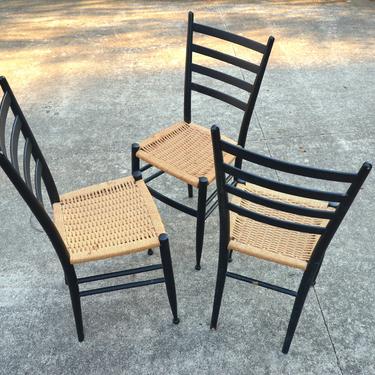 Vintage Set of 3 Italian Ladderback Dining Chairs with Paper Cord Seats in the style of Gio Ponti 