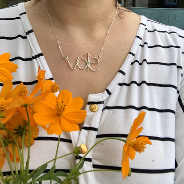 VOTE handmade silver and gold word text necklace 