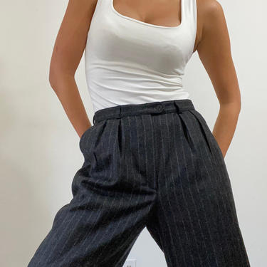 90s Giorgio Sant Angelo pinstripe pleated wool pants / vintage Annie Hall charcoal gray chalk stripe pinstripe high waisted wool pants | 28 