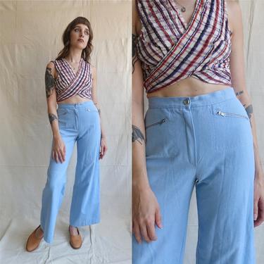 Vintage 70s Zipper Pocket Baby Blue Wide Leg Pants/ 1970s High Waisted Bell Bottom Jeans/ Size 26 