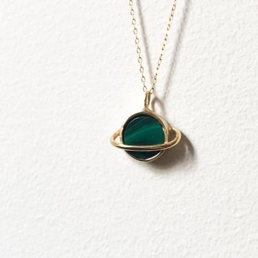 Malachite and Gold Saturn Pendant Handmade Space Astronomy Planetary Solar System necklace 