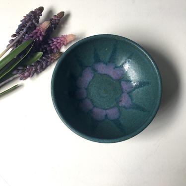 Teal stoneware sauce or dip bowl - handmade pottery with purple and blue pattern 
