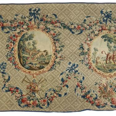 Antique Tapestry, Aubusson, Fontaine's Fables , 87" X 125", Floral, Farming,  1700s!
