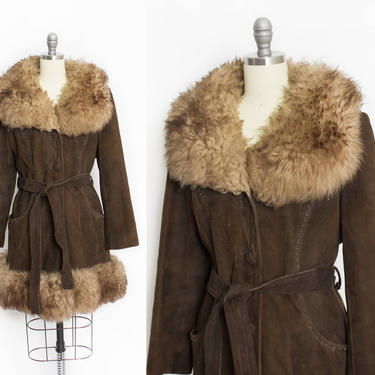 Vintage 1970s Coat - Brown Suede &amp; Shearling Lamb FUR Boho Penny Lane Belted Jacket - Large L 