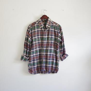 Vintage Mens Plaid Shirt, Cotton Button Down Shirt, Long Sleeve Collared Shirt, XL XXL 