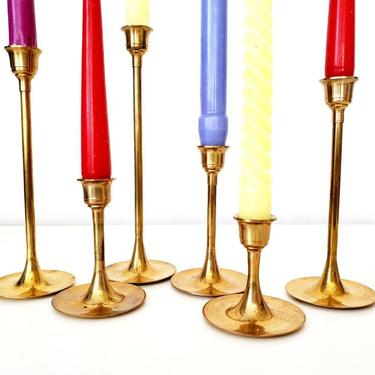 Mid Century Brass Graduated Height Tulip Candleholder Set 