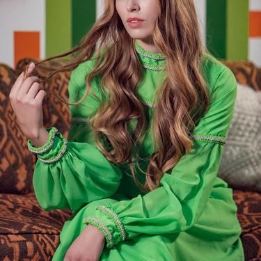 70s lime green MAXI Dress vintage empire waist hostess dress, neon green silver Maxi Dress empire waist long sleeve full length size small 