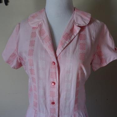 Vintage 1950's Shirtwaist Dress / 50s Pink Cotton Button Down Day Dress L/XL  tr 