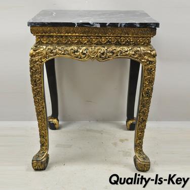 Antique Chinese Gold Gilt Figural Carved Wood 30" Accent Side Occasional Table