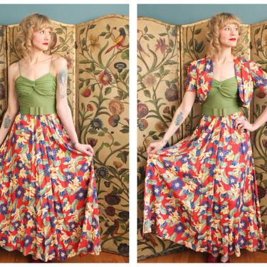 1940s Dress // Tropical Floral Cold Rayon Gown &amp; Bolero // vintage 40s gown 