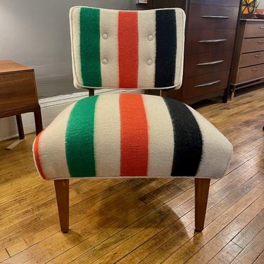 1950s Slipper Chair recently re-upholstered in a Vintage Hudson Bay Blanket