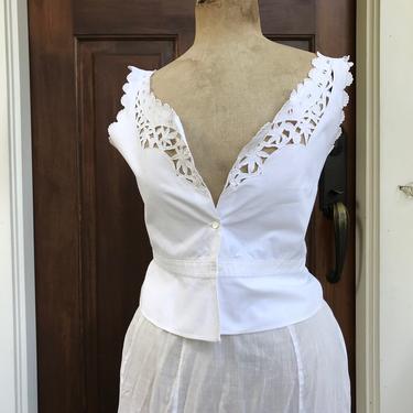 Antique French Cache Corset, Camisole, Wasp Waist, White, Hand Worked Floral Lawn Work 