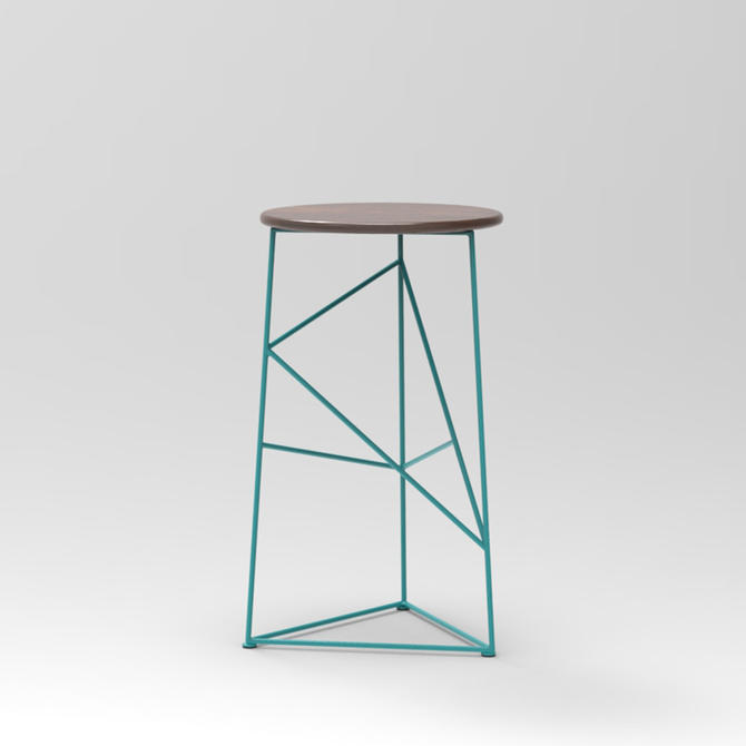Stool,  Modern Steel Bar Stool in a Turquoise Finish with Solid Walnut Seat 