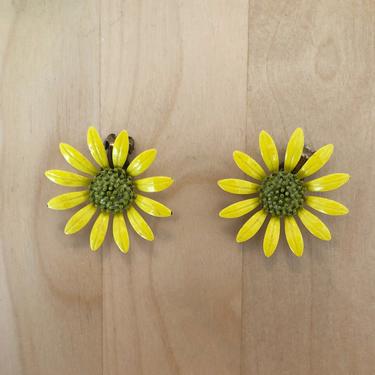 Vintage Bright Yellow and Green Floral Clip-On Earrings - 1960s 