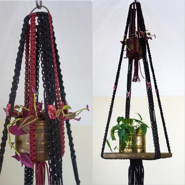 Unique macrame hanging table 4.5 ft large plant shelf or stand, living room side dark home decor, 2 tier double hanger for 70s vintage style 