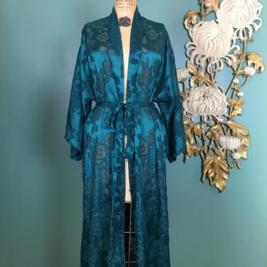 1990s robe, burn out, gold label Victorias secret, small medium, sheer robe, dressing gown, vintage robe, peacock green, sexy, see through 