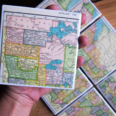 1909 Minnesota Handmade Repurposed Vintage Map Coasters Set of 6 - Ceramic Tile - Repurposed 1900s Hammond Atlas - One of a Kind - St. Paul 