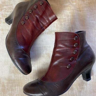 Edwardian inspired boots~ 2 tone burgundy & brown button up style eyelets  antique leather steampunk shoes booties -size 40 / US 9 