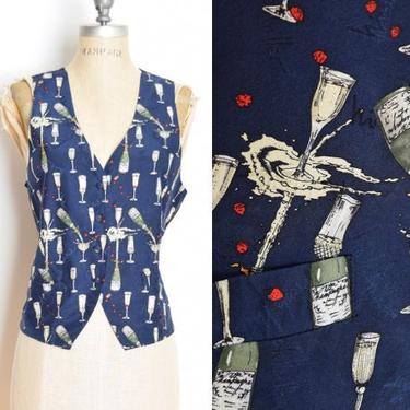 vintage 90s vest top silk scarf print NYE Nicole Miller waistcoat shirt navy L clothing champagne 