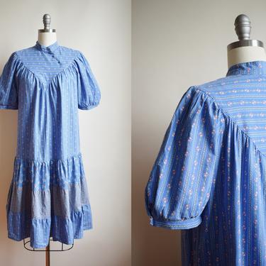 Vintage 1970s Ditsy Floral Tent Dress | 70s Balloon Sleeve Cotton Dress | Victoriana | S/M 