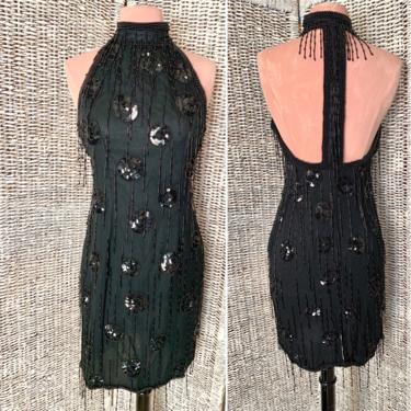 Glitzy Cocktail Dress, Dangle Beads, Halter High Neck, All Over Sequins Beads, Vintage 