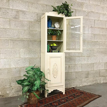 LOCAL PICKUP ONLY Vintage Glass Front Wood Cabinet Retro 1950's Tall Kitchen White Hutch with Carved Wood Details and Multiple Shelves 