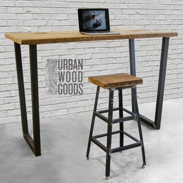 Standing Computer Desk, High Top Desk made with reclaimed wood and steel base, Custom designs available.  Choose size, thickness and finish. 