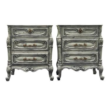 Pair of Carved Louis XV Style French Provincial Three Drawer Nightstands 