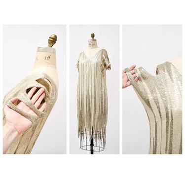 70s Does 20s Vintage Beaded Sequin Dress Cream Silver Fringe Dress Medium // Vintage Sequin Wedding Party Sequin Dress white Silver Flapper 